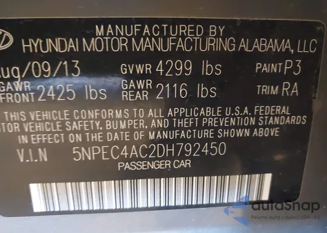 2013 Hyundai Sonata Limited из США, поврежденный, VIN 5NPEC4AC2DH792450